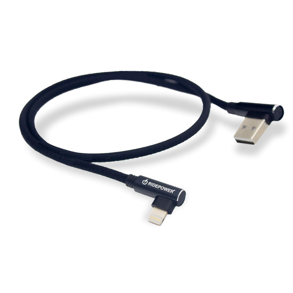 18" Phone Charging Cable with male USB 90 Degree to 90 degree male Lightning connectors