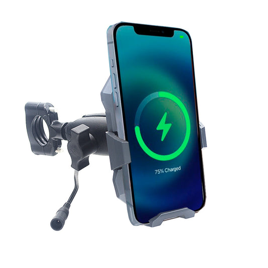 Metal Phone Mount with 1 1/2" Handlebar Adapter, Inductive Wireless charging, articulating ball mounting & Quick Disconnect Power Cable
