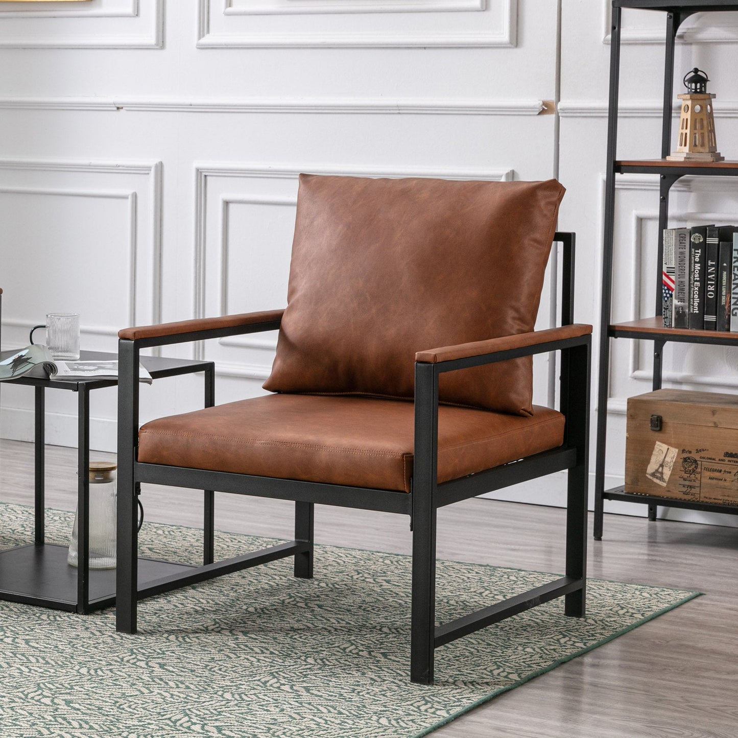 Modern Faux Leather Accent Chair with Metal Frame by Blak Hom