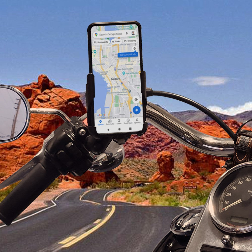 Large Metal Phone Mount with 1 1/2" Handlebar Bracket holds phones or devices up to 4" wide and 1/2" thick