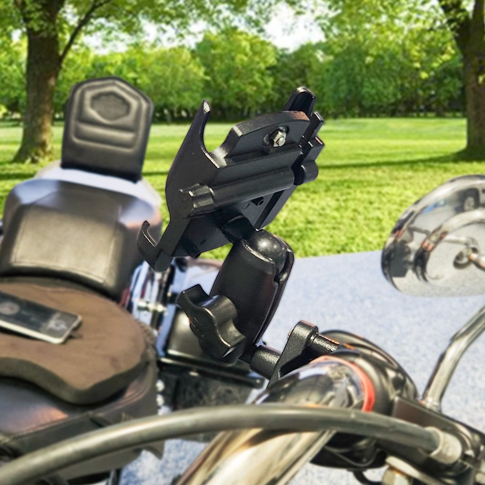Large Metal Phone Mount with 1 1/2" Handlebar Bracket holds phones or devices up to 4" wide and 1/2" thick