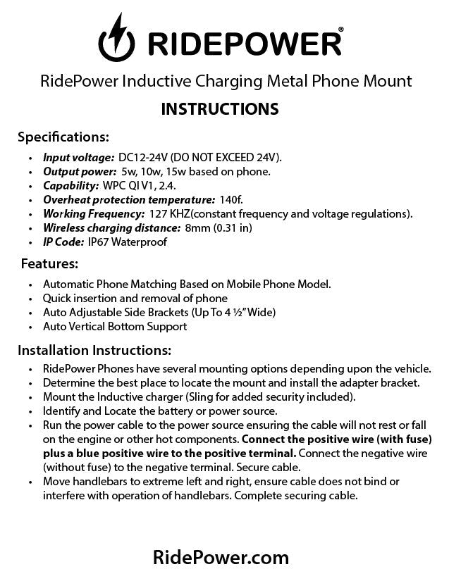 Metal Inductive Charging Phone Mount with a 2" handlebar adapter